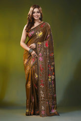 Coffee brown kantha silk saree with handmade swan floral design 1