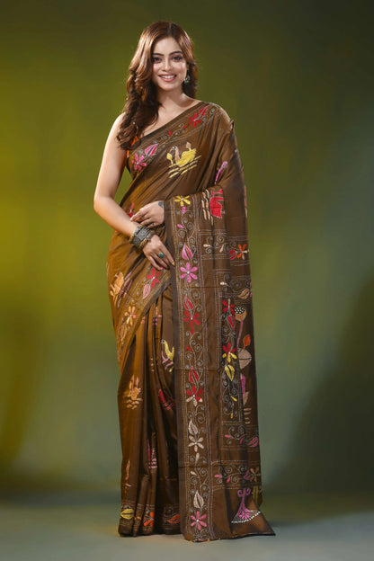 Coffee brown kantha silk saree with handmade swan floral design 1