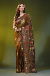 Coffee brown kantha silk saree with handmade swan floral design 6