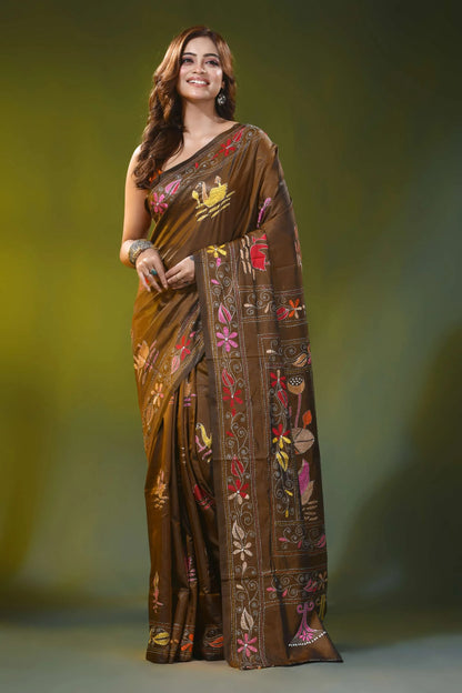 Coffee brown kantha silk saree with handmade swan floral design 6