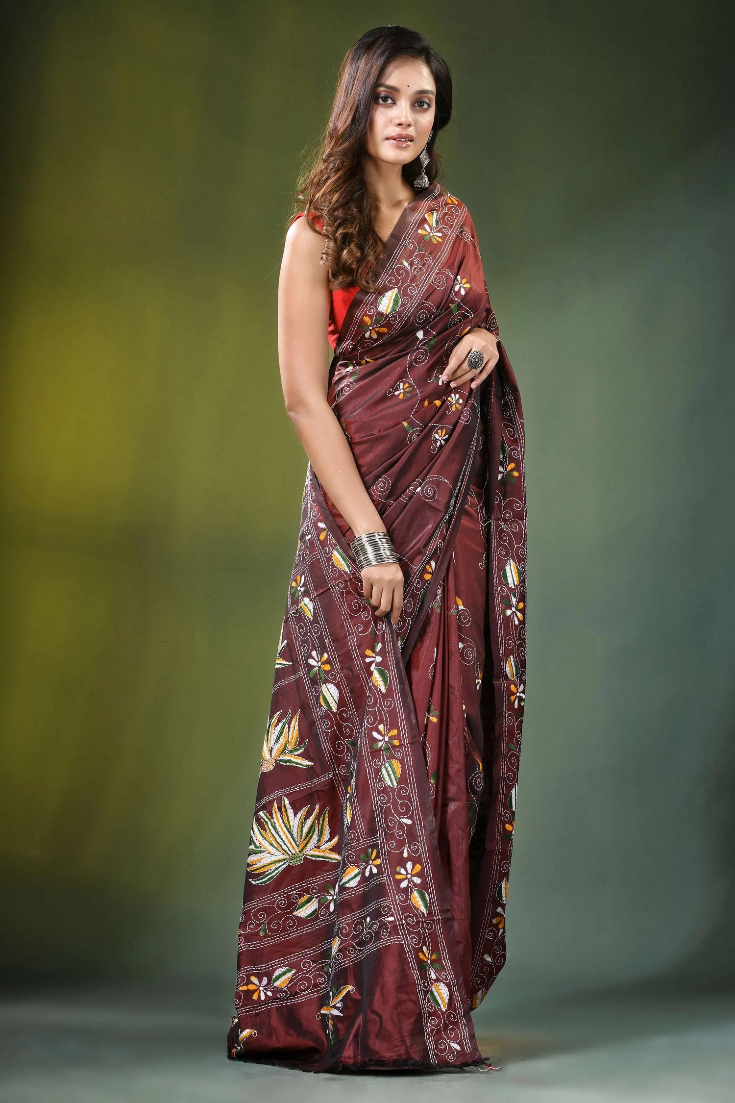 Coffee brown lotus motif handcrafted silk kantha saree maroon adorned intricate 4