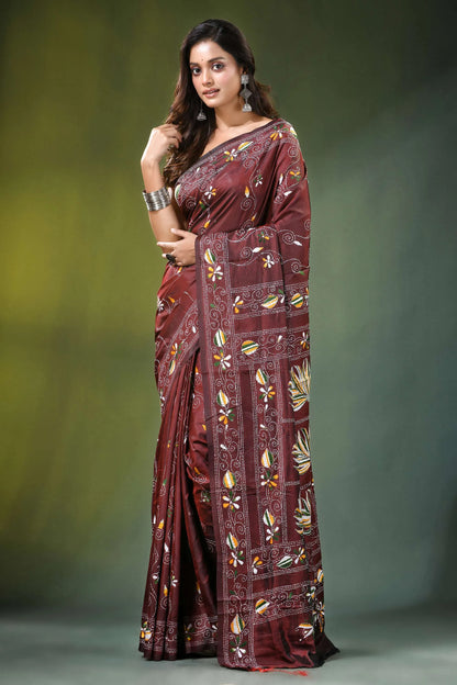 Coffee brown lotus motif handcrafted silk kantha saree maroon adorned intricate 6