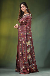 Coffee brown lotus motif handcrafted silk kantha saree maroon adorned intricate 3