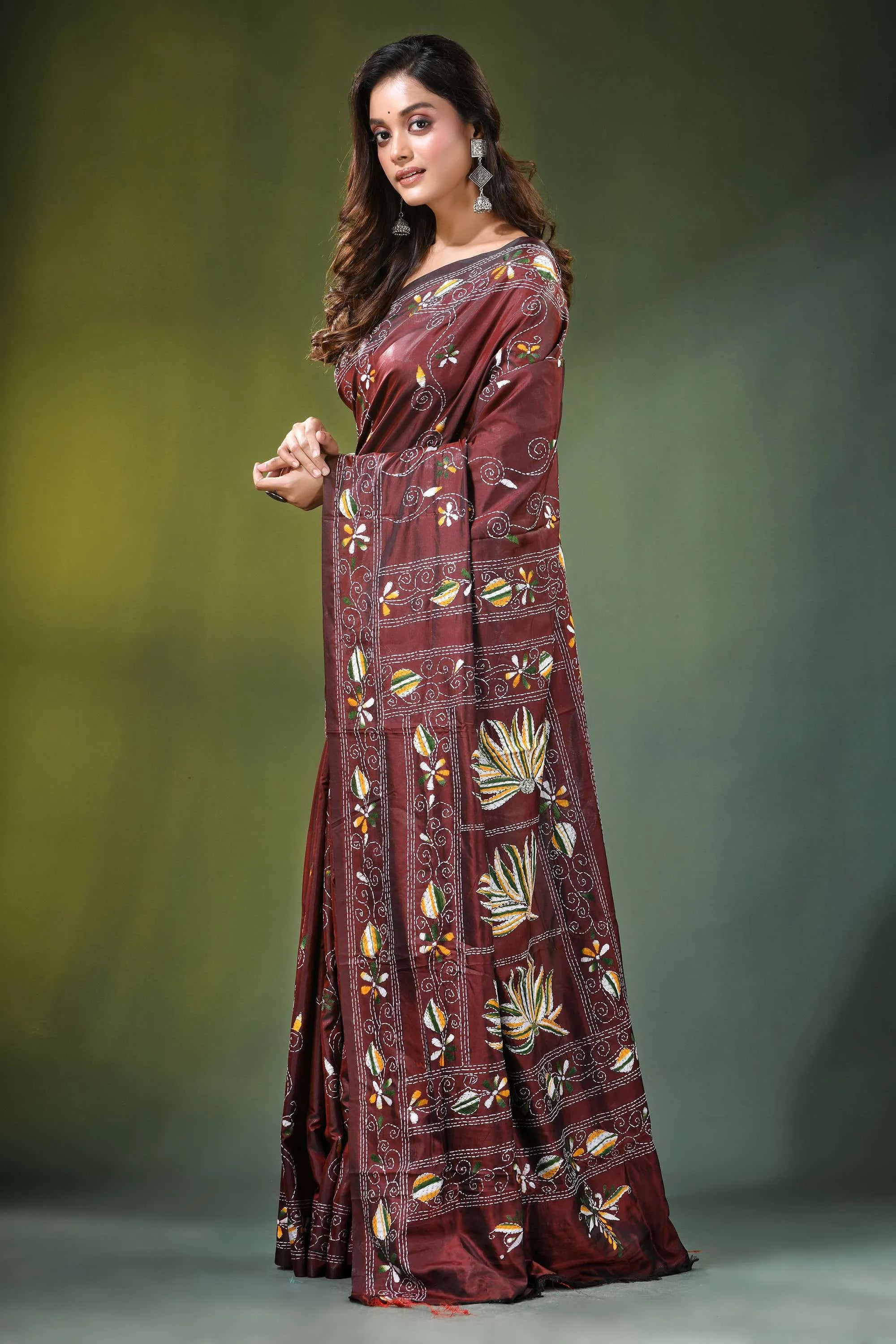 Coffee brown lotus motif handcrafted silk kantha saree maroon adorned intricate 3
