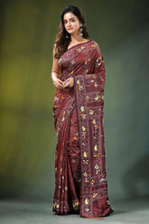 Coffee brown lotus motif handcrafted silk kantha saree maroon adorned intricate 1