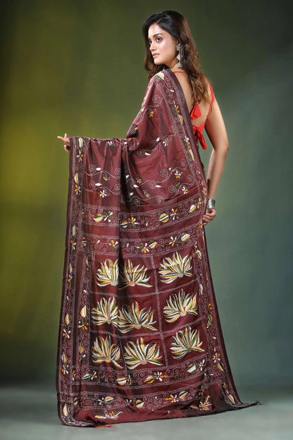 Coffee brown lotus motif handcrafted silk kantha saree rich maroon adorned 5