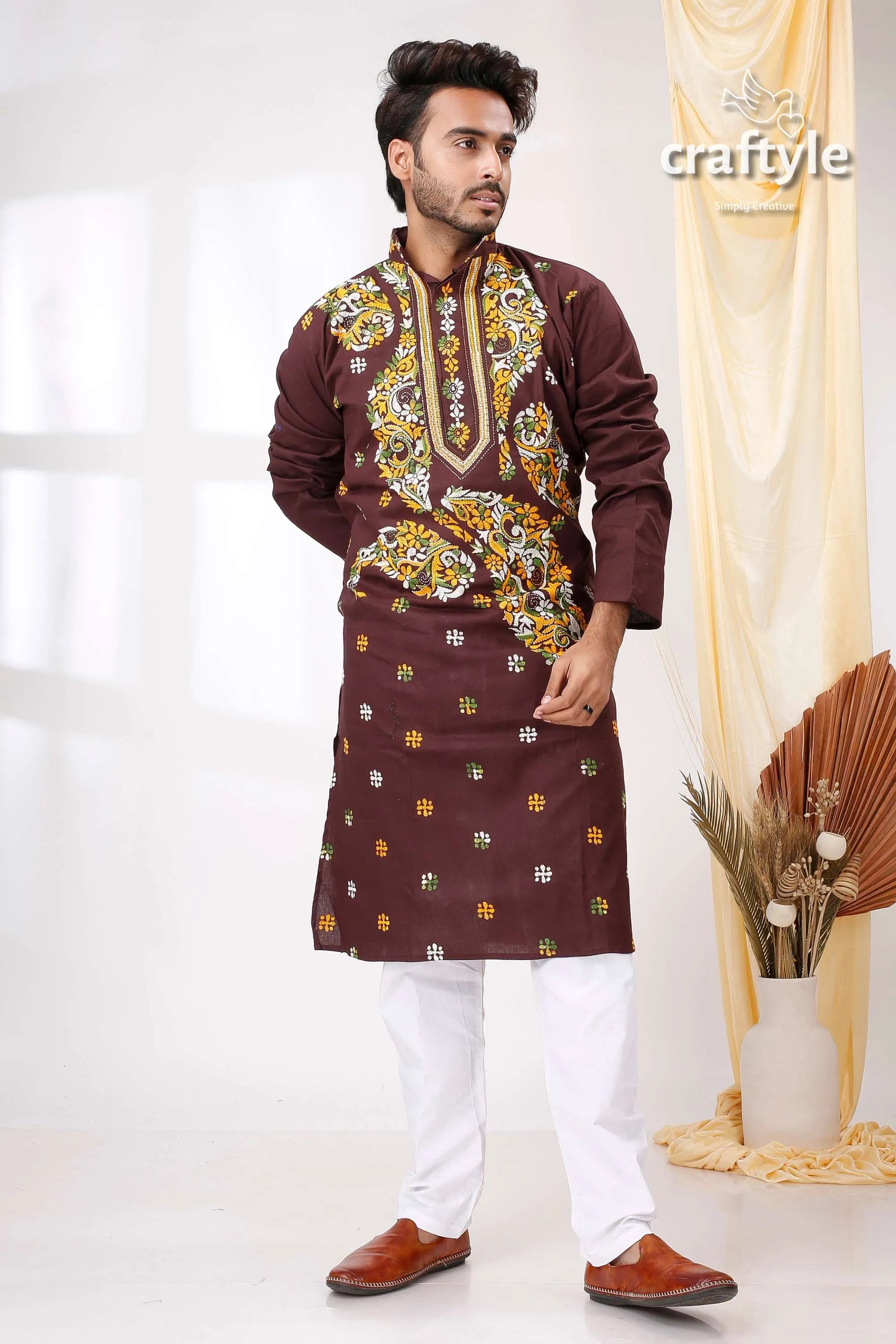 Coffee brown multithread design kantha cotton punjabi for men maroon kurta intricate gold white 1