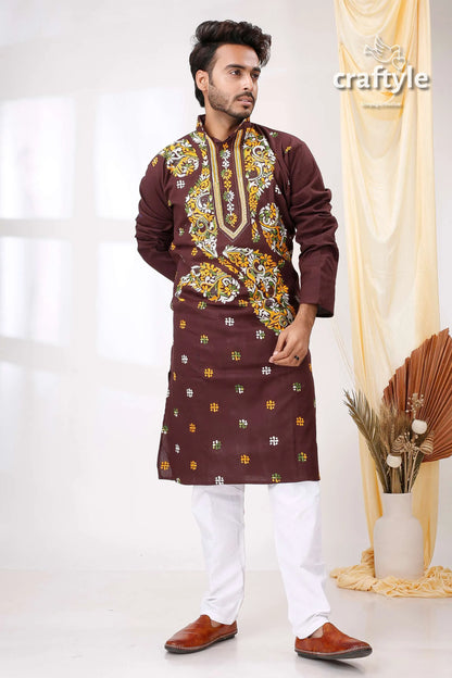 Coffee brown multithread design kantha cotton punjabi for men maroon kurta intricate gold white 1