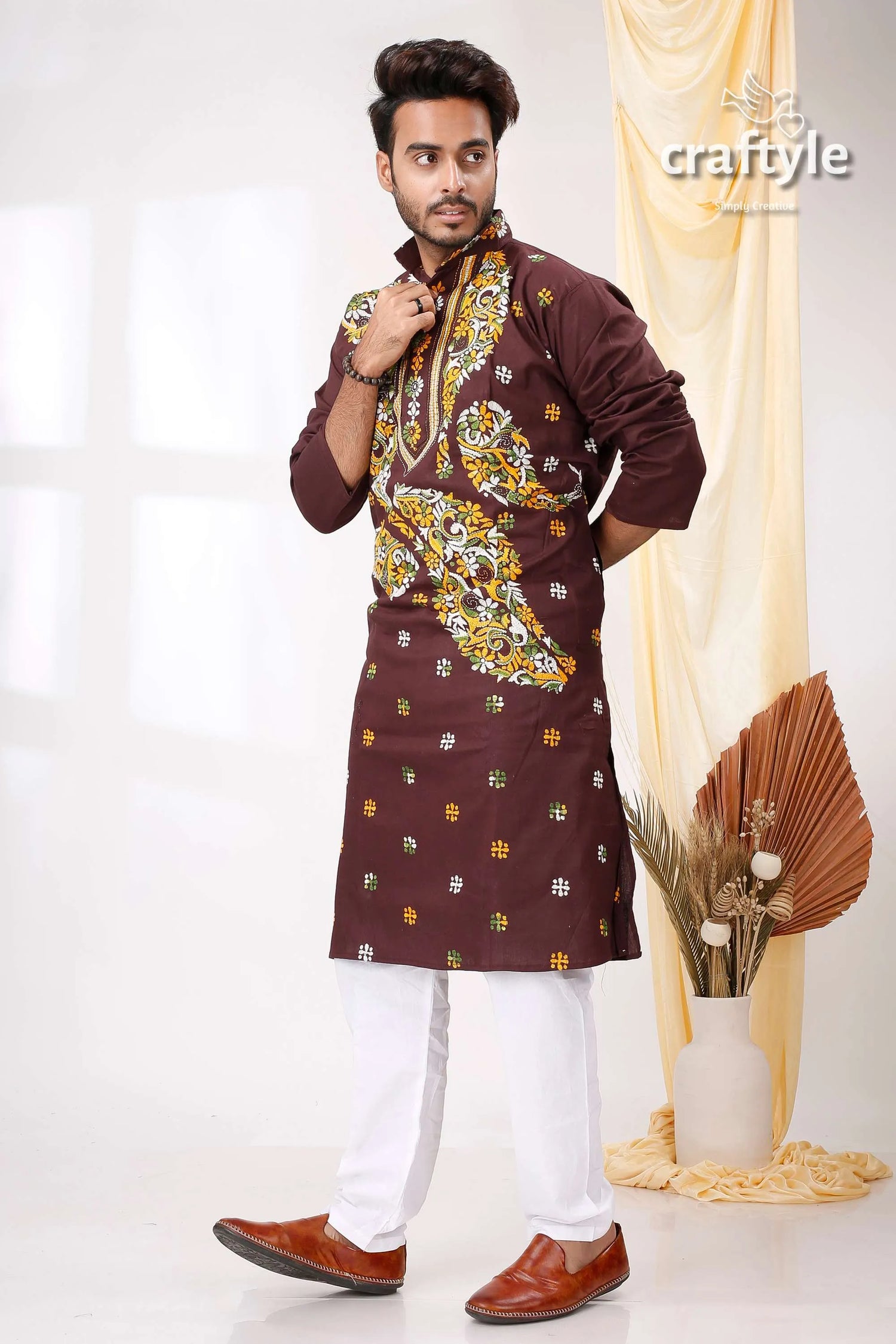Coffee brown multithread design kantha cotton punjabi for men maroon kurta intricate gold white 3
