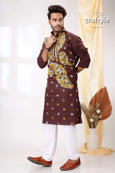Coffee brown multithread design kantha cotton punjabi for men maroon kurta intricate gold white 3