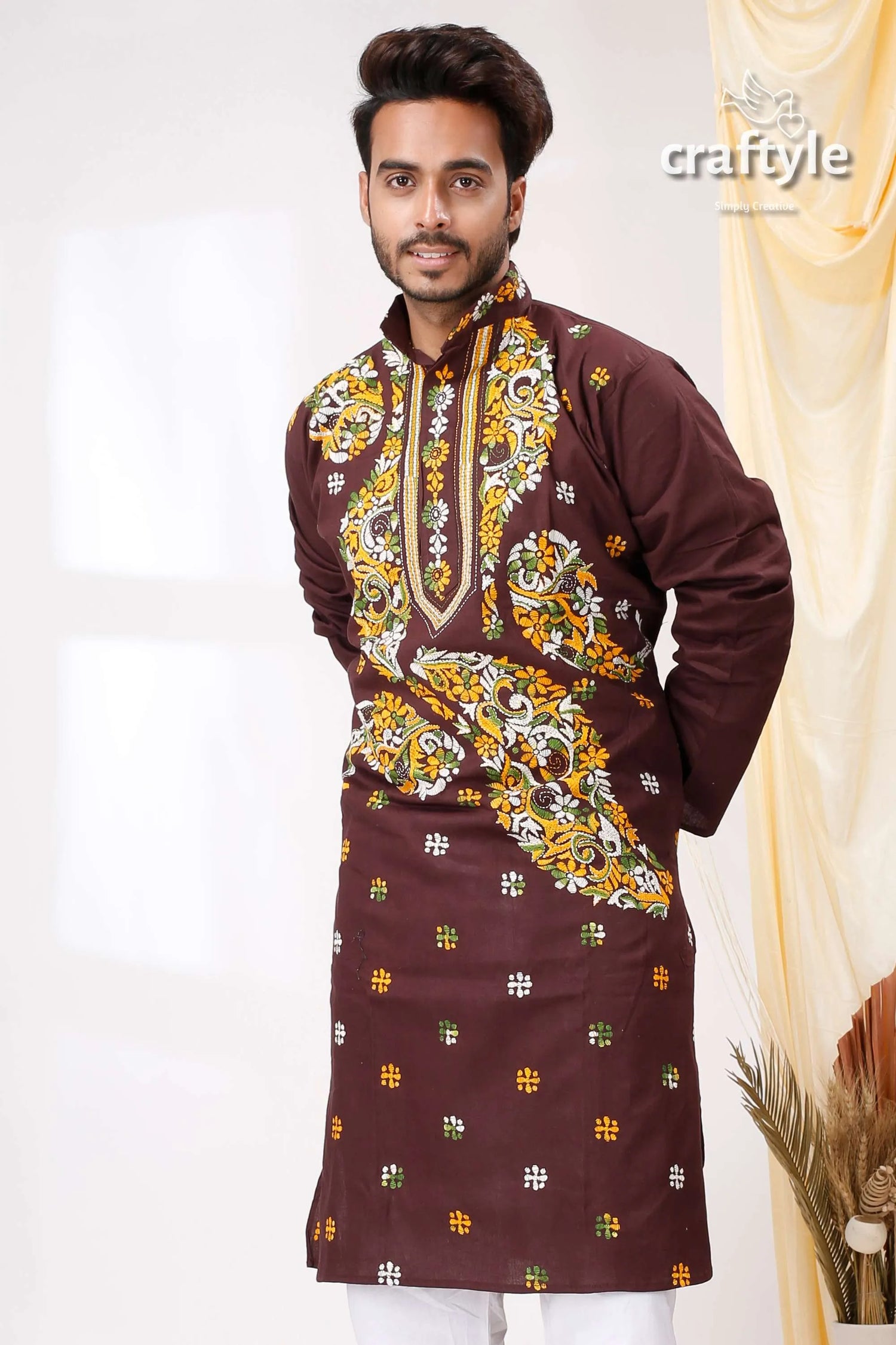 Coffee brown multithread design kantha cotton punjabi for men maroon kurta intricate yellow white 2