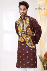 Coffee brown multithread design kantha cotton punjabi for men maroon kurta intricate yellow white 2