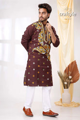 Coffee brown multithread design kantha cotton punjabi for men maroon kurta intricate gold white 4