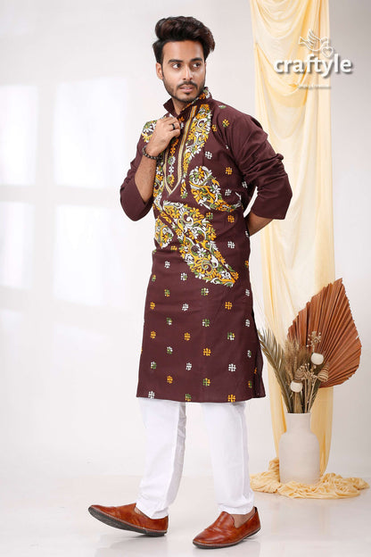 Coffee Brown Multithread Design Kantha Cotton Punjabi for Men - Craftyle