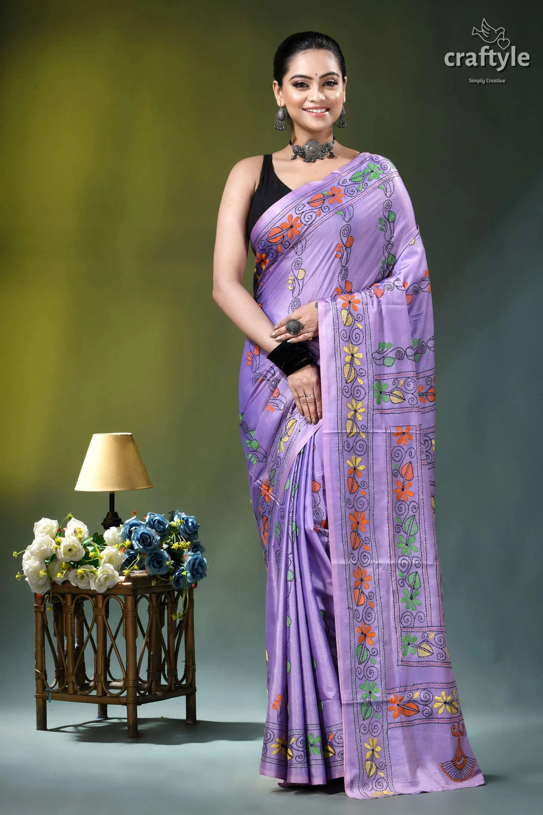 Cold purple swan design hand embroidered silk kantha saree lavender saree intricate floral embroidery 1