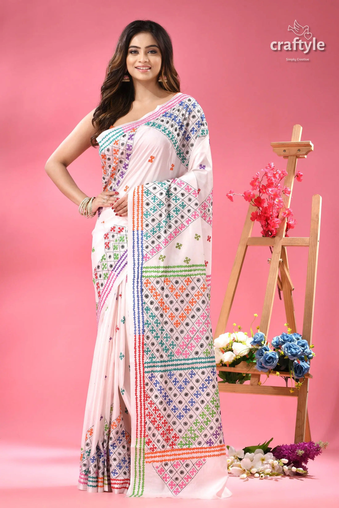 Colorful kutch work white silk embroidered saree woman white sari vibrant multicolored 1