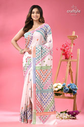 Colorful kutch work white silk embroidered saree woman white sari vibrant multicolored 1