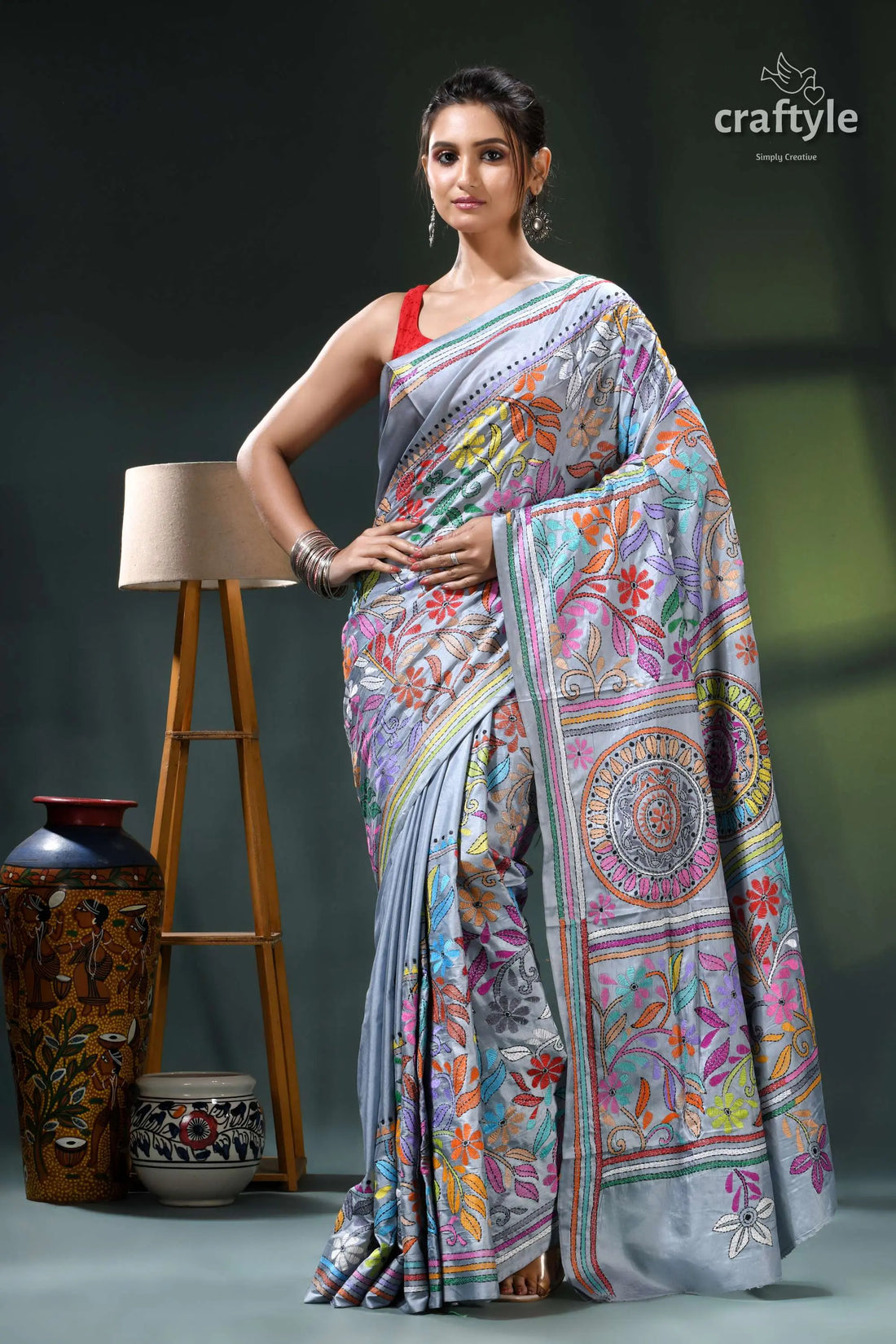 Columbia blue multithread intricate kantha stitch silk sari multicolored floral saree intricate designs 1
