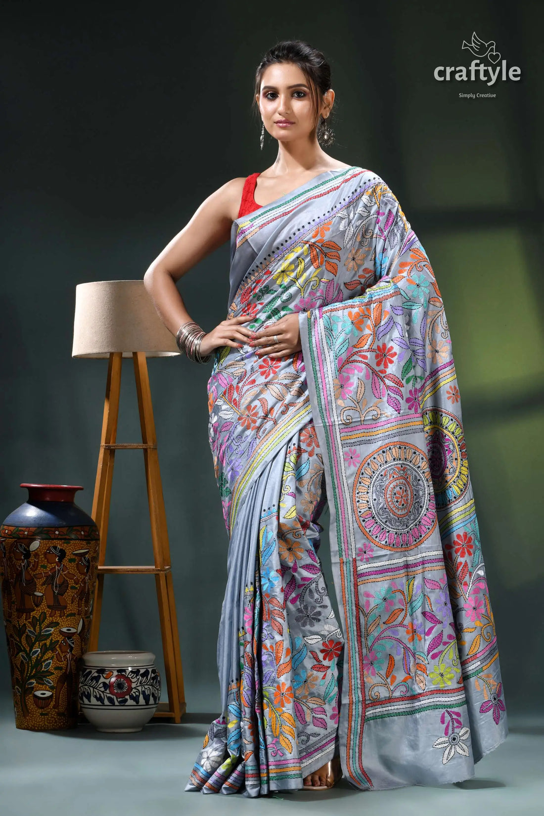 Columbia blue multithread intricate kantha stitch silk sari multicolored floral saree intricate designs 1