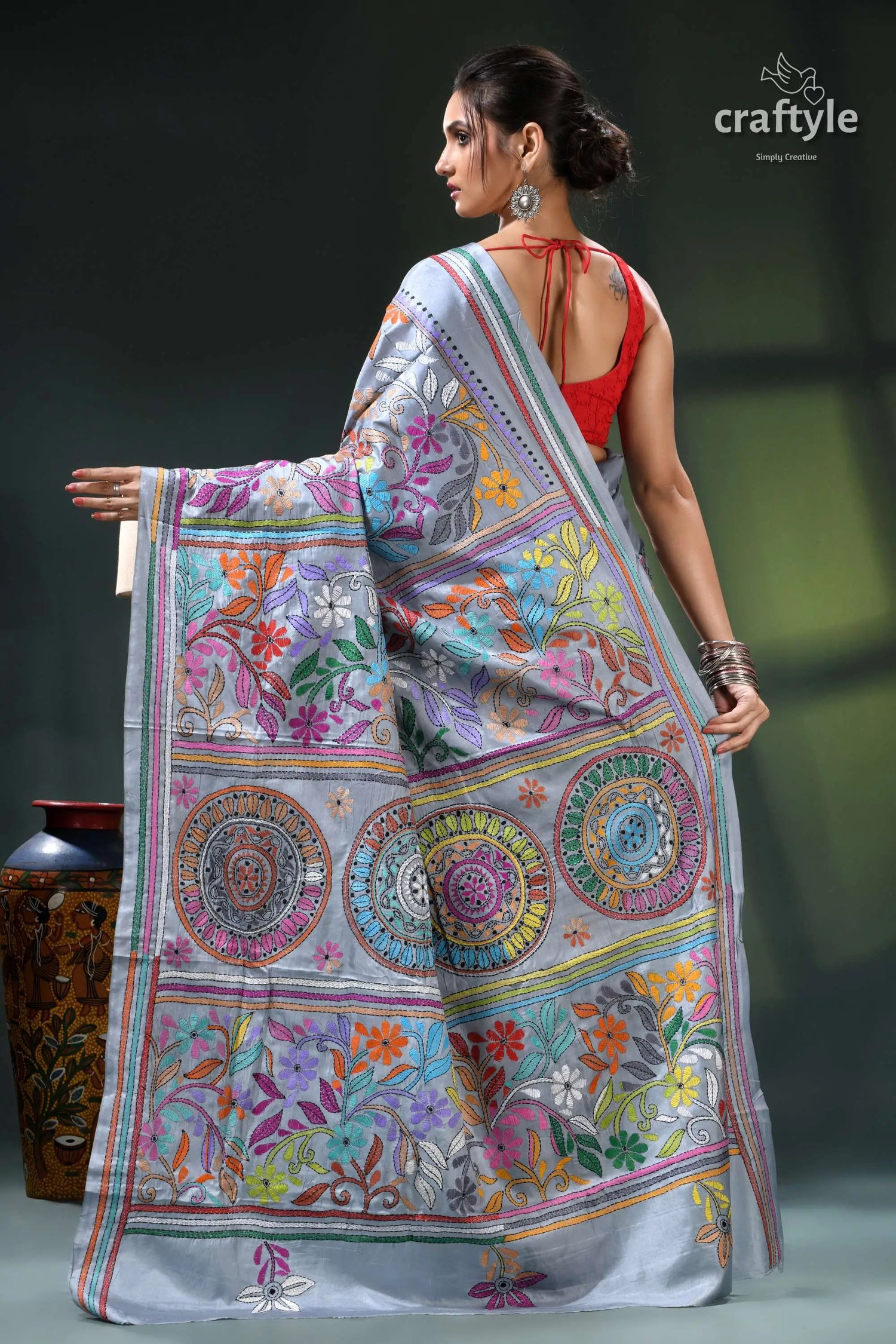 Columbia blue multithread intricate kantha stitch silk sari floral print saree intricate designs 5