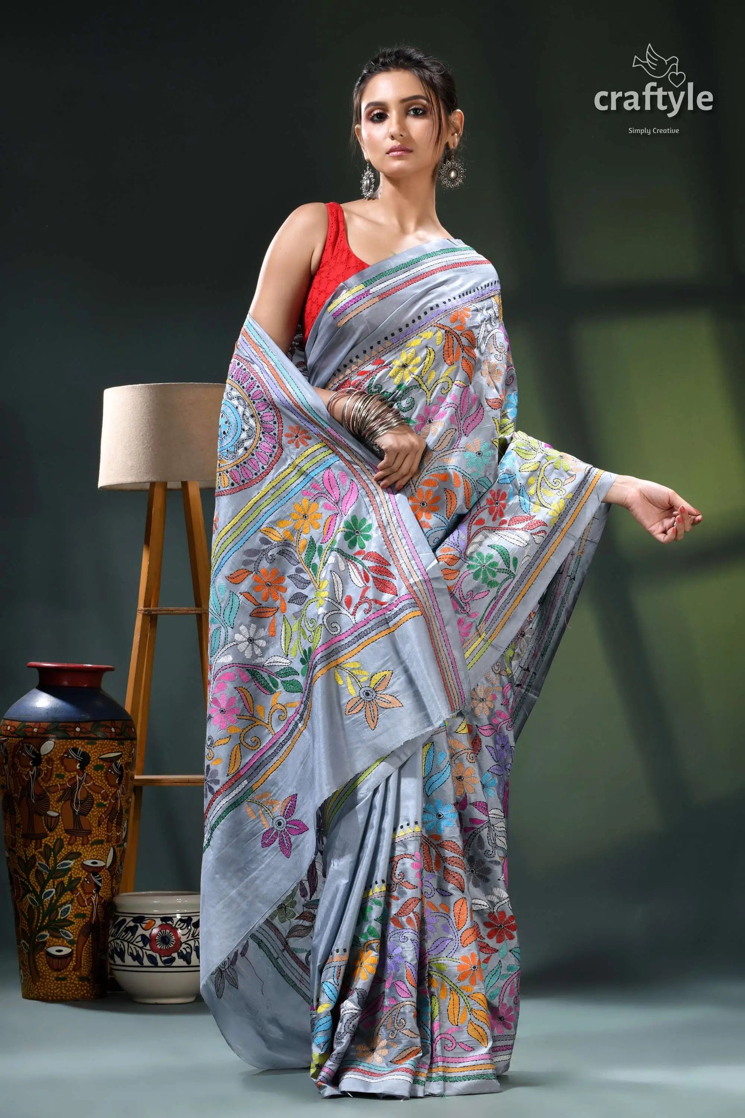 Columbia blue multithread intricate kantha stitch silk sari floral print saree silver blue 4