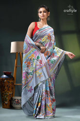 Columbia blue multithread intricate kantha stitch silk sari floral print saree silver blue 4