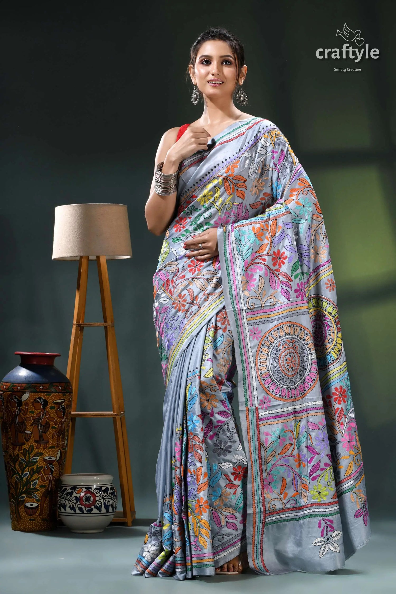 Columbia blue multithread intricate kantha stitch silk sari multicolored saree intricate designs silver 6