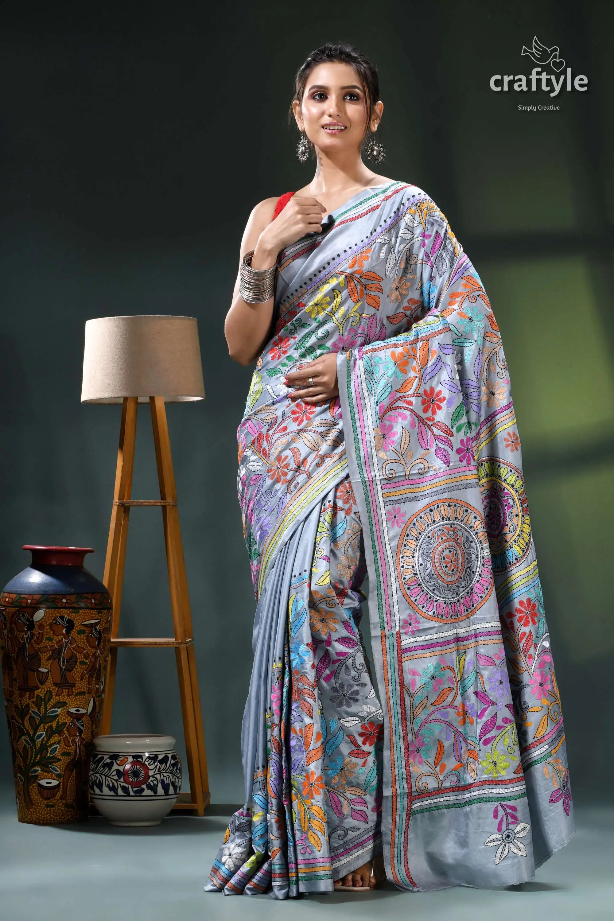 Columbia blue multithread intricate kantha stitch silk sari multicolored saree intricate designs silver 6