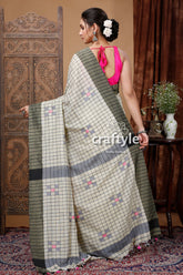 Comfortable Cream Handloom Cotton Saree - Check Design-Craftyle