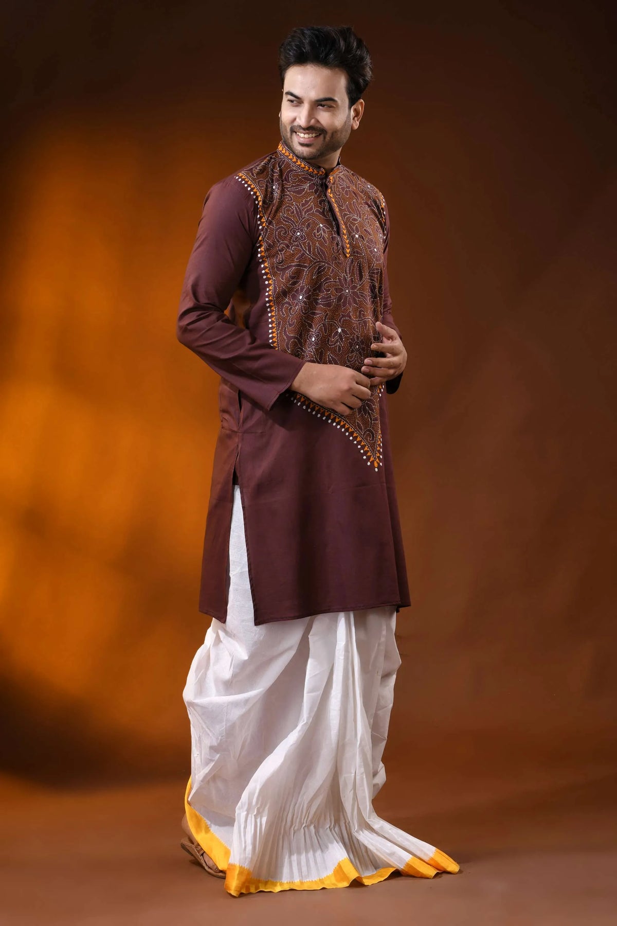 Congo brown floral kantha stitch cotton kurta for men - reverse 3