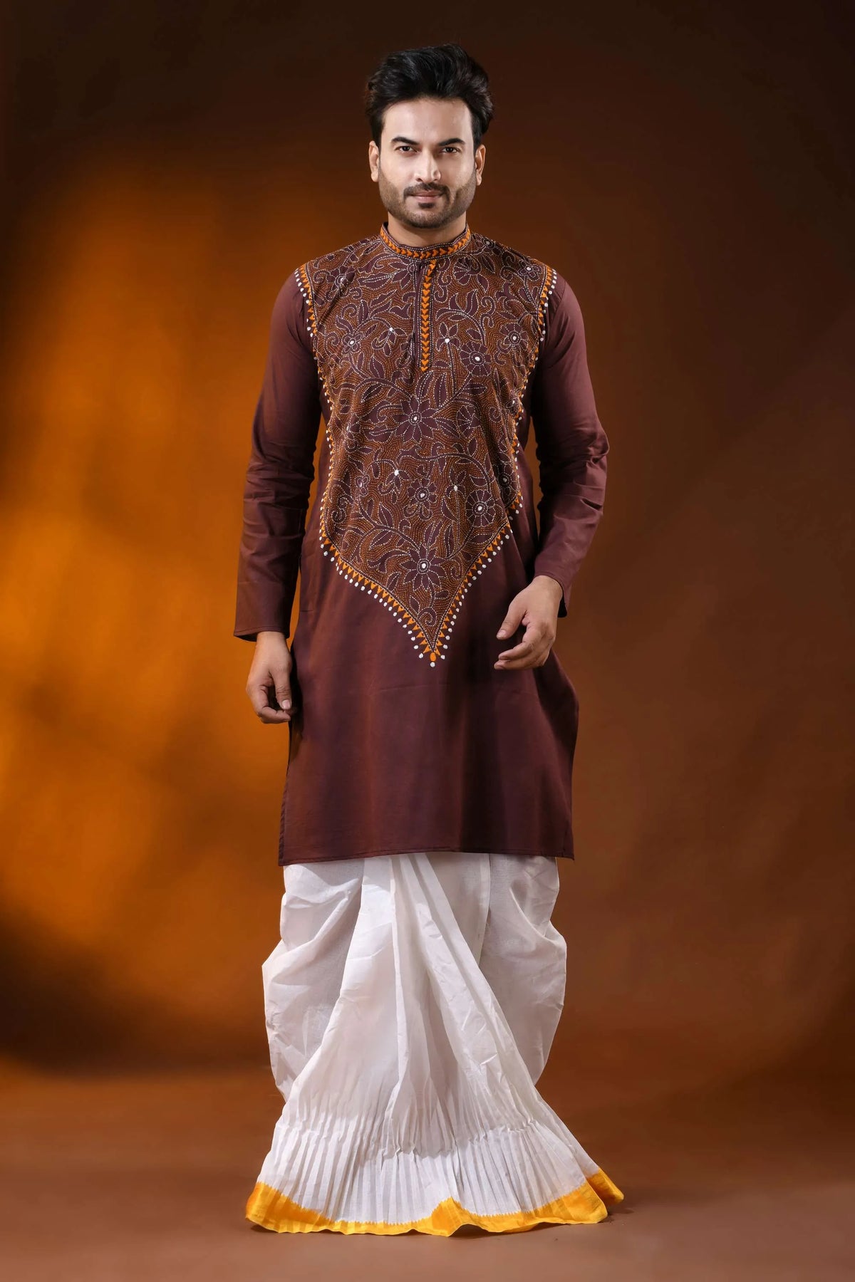 Congo brown floral kantha stitch cotton kurta for men - reverse 1
