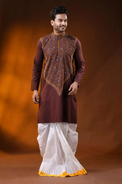 Congo brown floral kantha stitch cotton kurta for men - reverse 6