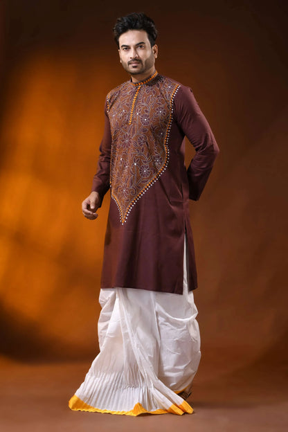 Congo brown floral kantha stitch cotton kurta for men - reverse 4