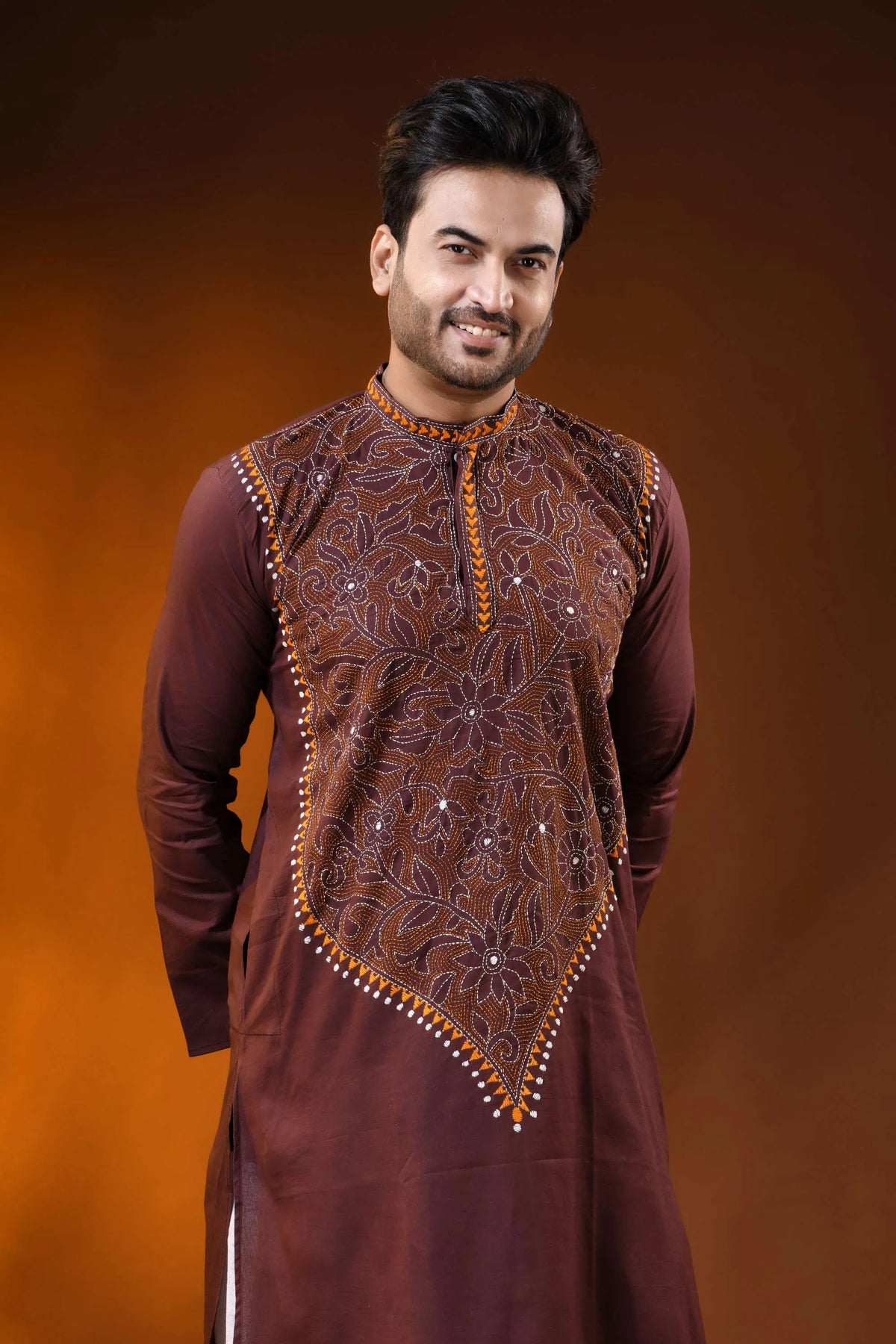 Congo brown floral kantha stitch cotton kurta for men - reverse 2