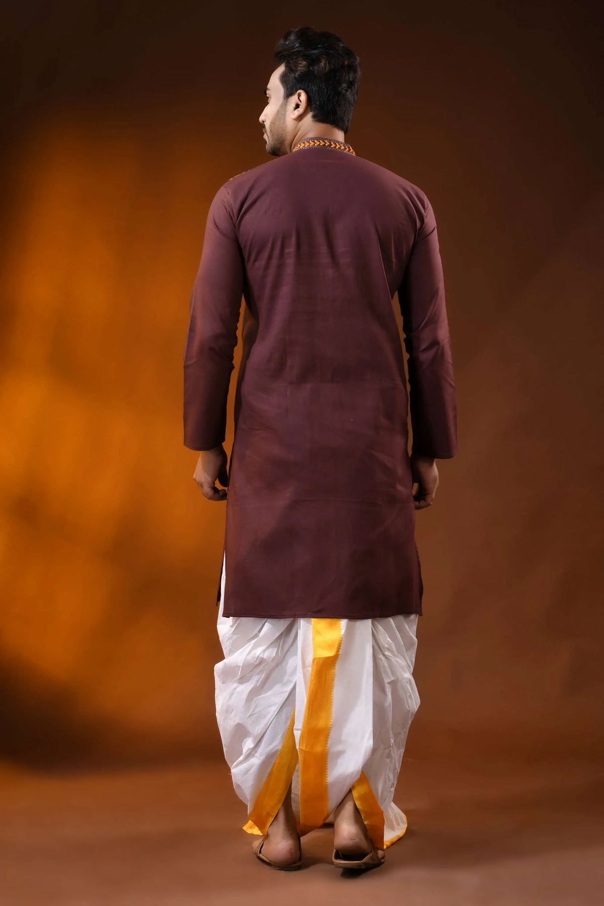 Congo brown floral kantha stitch cotton kurta for men - reverse 5