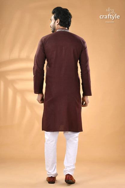 Congo brown kantha stitch cotton men’s kurta men’s maroon kurta white pajama 6