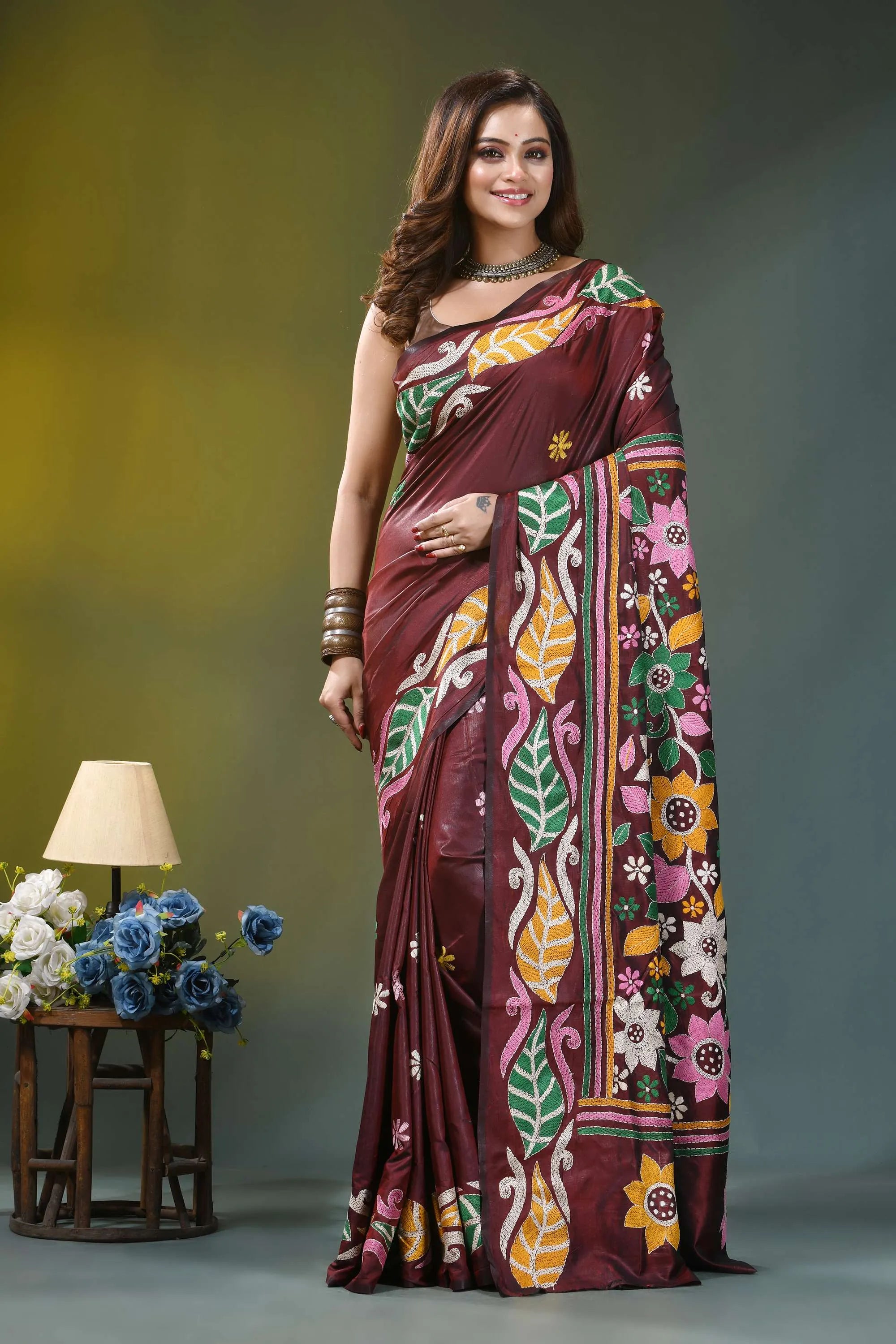 Congo brown multicolor floral silk kantha work saree maroon silk saree adorned vibrant 6