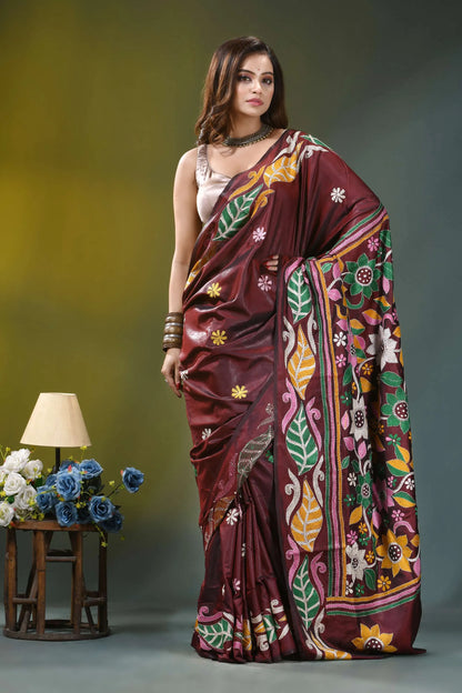 Congo brown multicolor floral silk kantha work saree rich maroon silk saree adorned 4