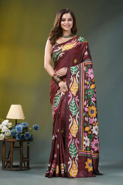 Congo brown multicolor floral silk kantha work saree maroon silk saree adorned vibrant 1