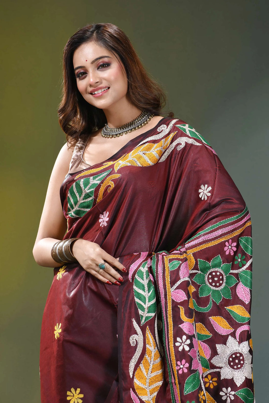 Congo brown multicolor floral silk kantha work saree maroon silk saree adorned intricate 2