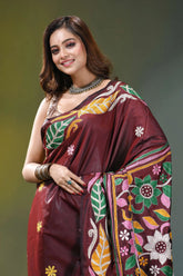Congo brown multicolor floral silk kantha work saree maroon silk saree adorned intricate 2