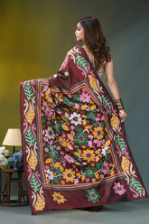 Congo brown multicolor floral silk kantha work saree maroon silk saree intricate floral 5