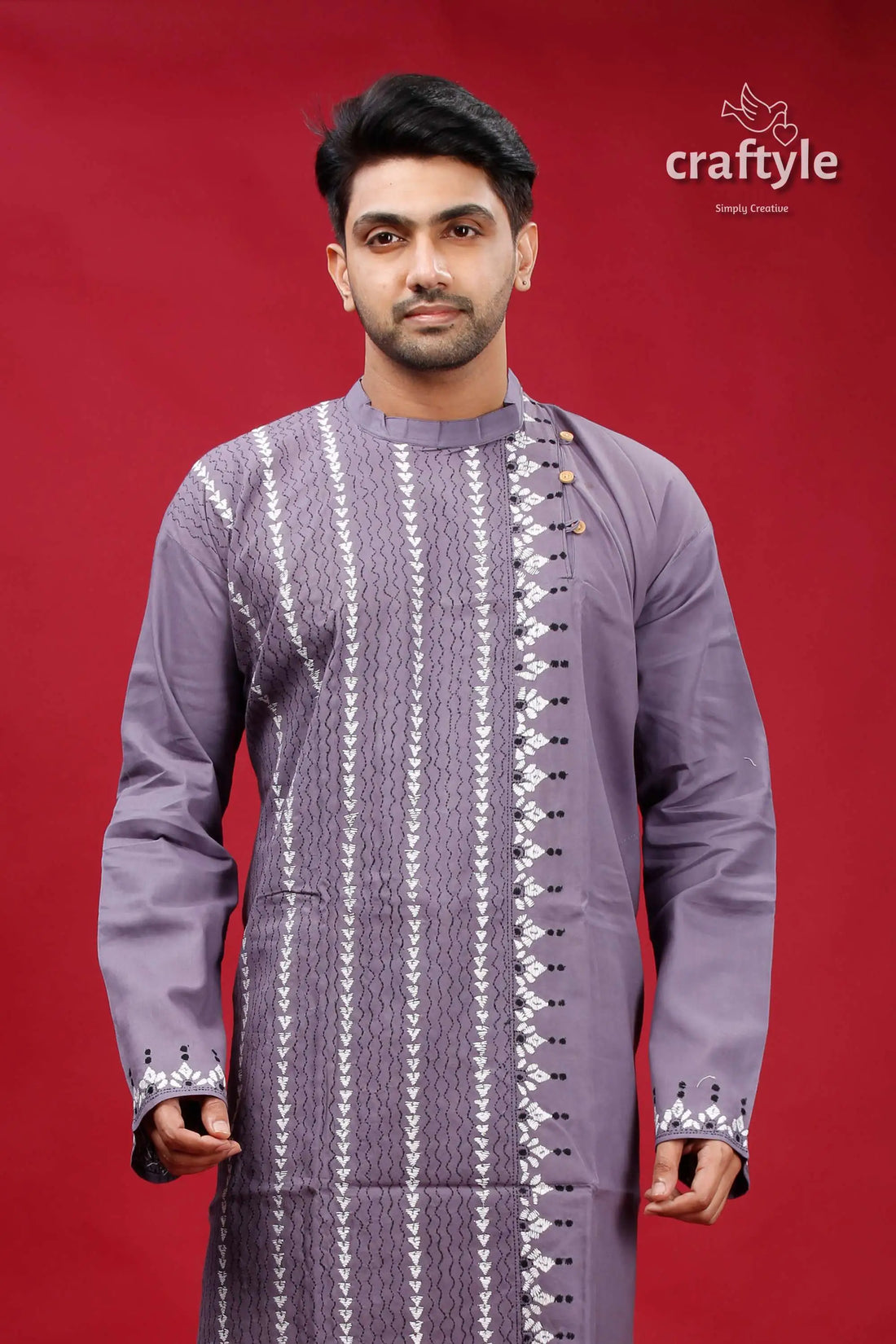 Cool grey hand kantha stitch cotton kurta for men man’s embroidered kurta 2