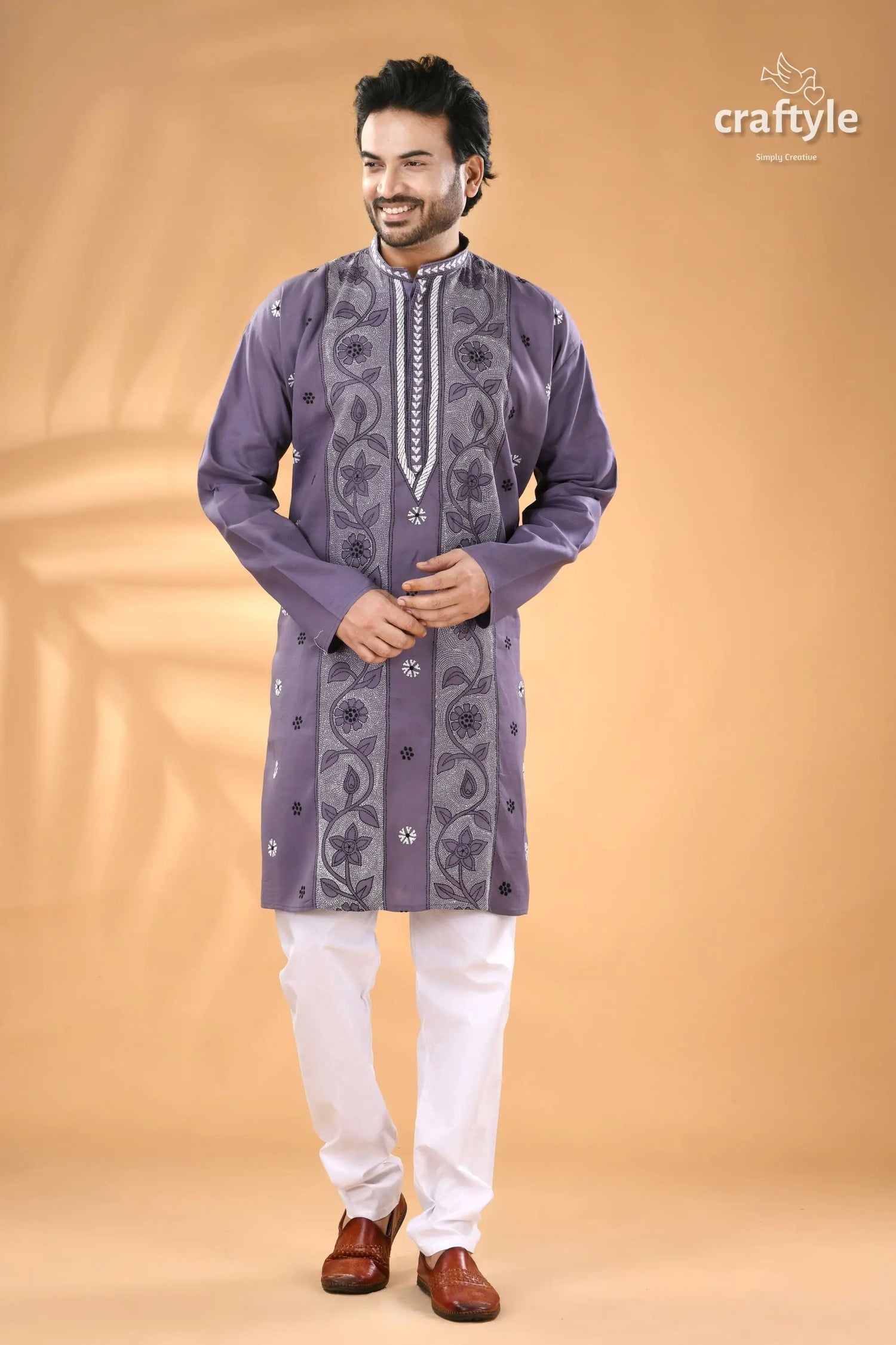 Cool grey kantha embroidery cotton kurta panjabi for men men’s purple embroidered kurta white 3