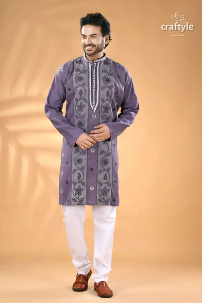 Cool grey kantha embroidery cotton kurta panjabi for men men’s purple embroidered kurta white 3