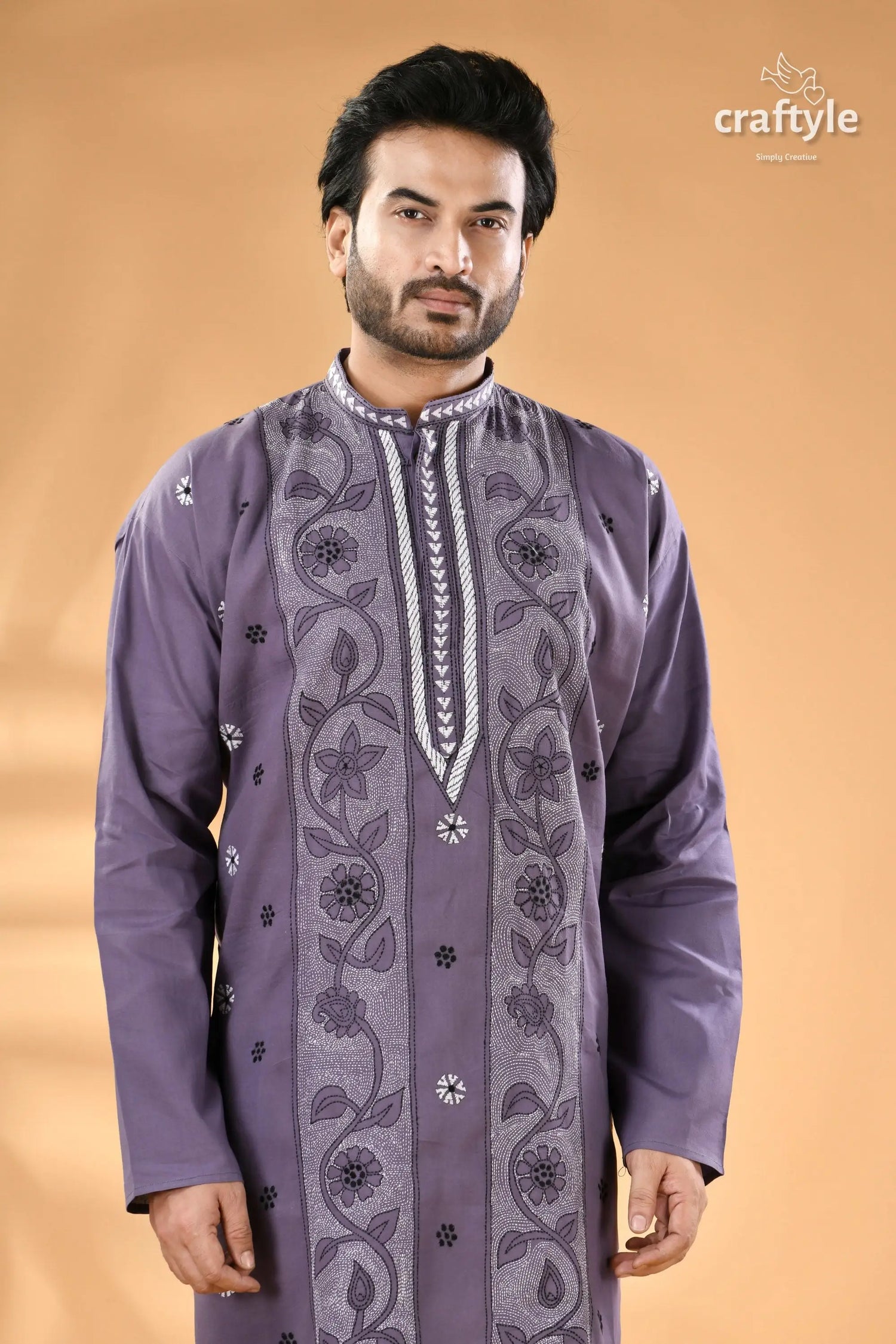 Cool grey kantha embroidery cotton kurta panjabi for men men’s embroidered purple cotton kurta 2