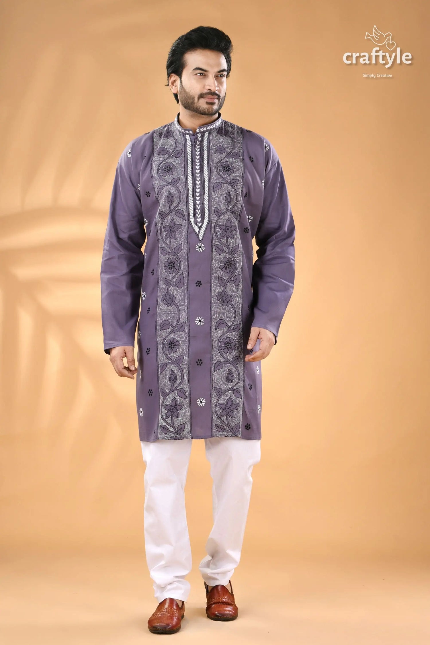 Cool grey kantha embroidery cotton kurta panjabi for men men’s purple embroidered cotton panjabi 1