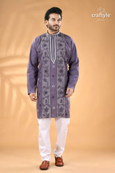 Cool grey kantha embroidery cotton kurta panjabi for men men’s purple embroidered cotton panjabi 1