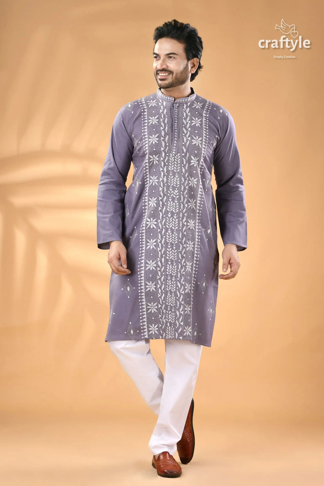 Cool grey kantha work men’s cotton kurta men’s grey embroidered kurta white 2