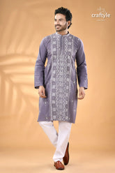 Cool grey kantha work men’s cotton kurta men’s grey embroidered kurta white 2